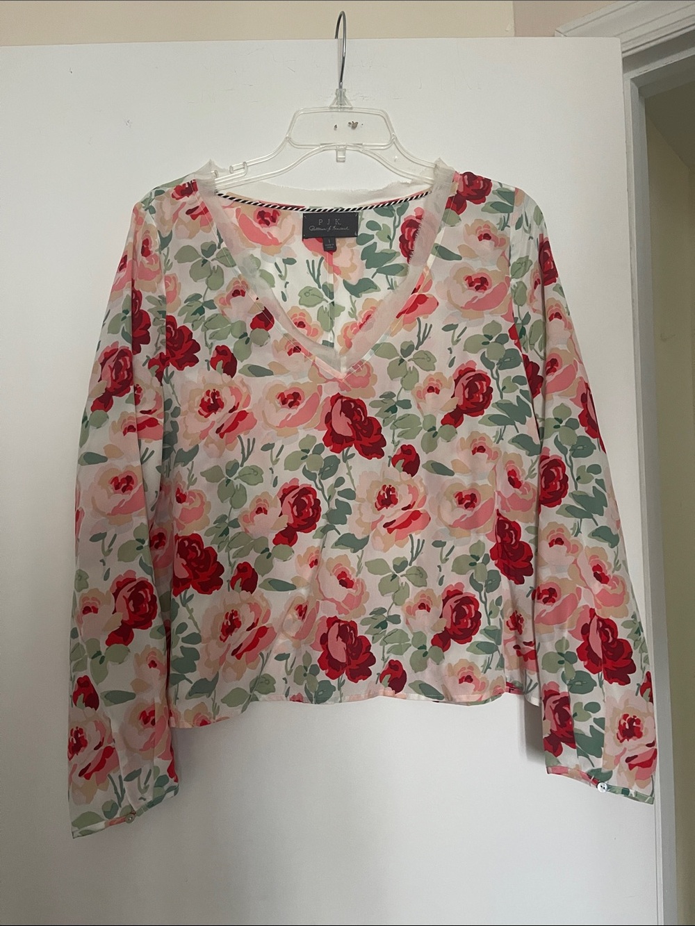 Silk Floral V-Neck Long Sleeve Blouse in Pink and Red